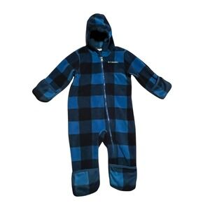 Columbia Tiny Bear II Bunting Infant 12-18M Blue Black Buffalo Plaid Fleece Suit